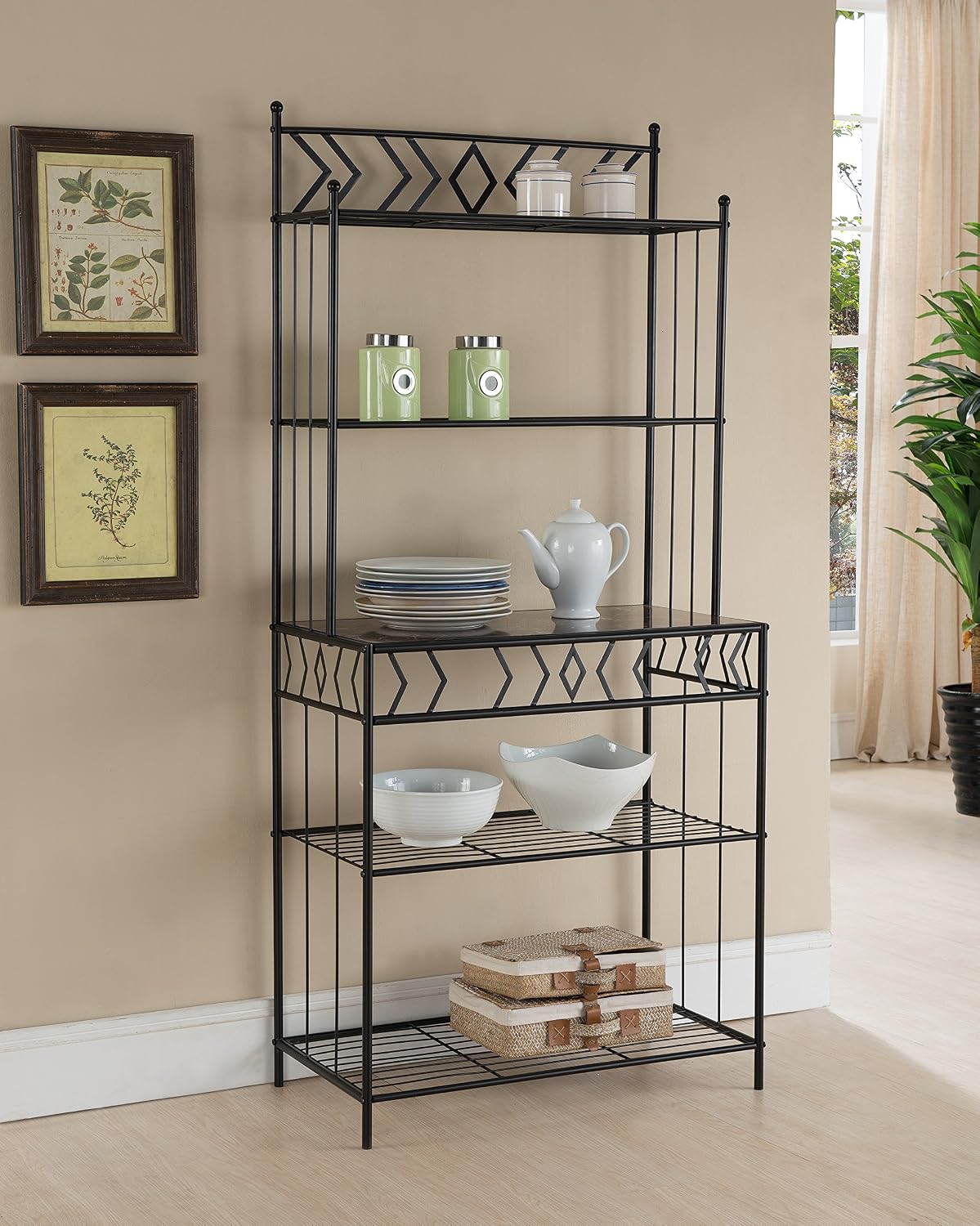 Kings Brand Furniture - 5-Tier Standing Kitchen Bakers Rack for with Storage Microwave Stand, Metal Frame with Marble Finish - Black