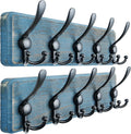 Dseap Coat Rack Wall Mount - Heavy-Duty Robust Barnwood-Style Wooden Wall Coat Hanger Hook Rail with 5 Triple Hooks for Winter Coats Hat Jacket Clothing, Weathered Blue & Black, Pack of 2