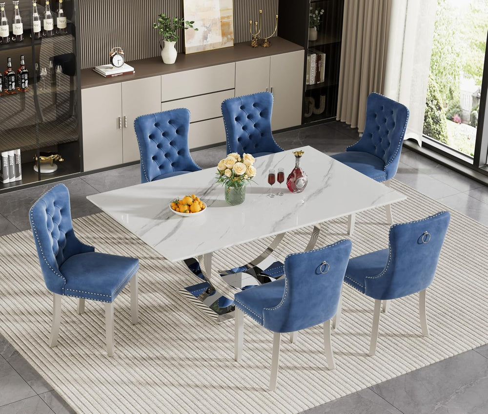 7 Piece Marble Dining Table Set for 6, 69.3" White Silver Kitchen Table ...