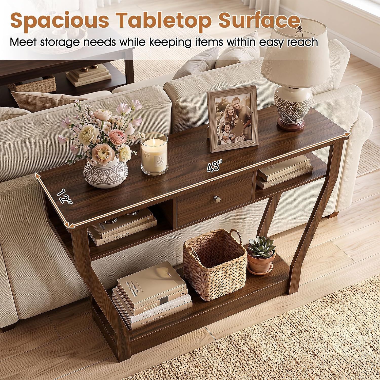 Giantex 43" Modern Console Table with Drawer & Storage Shelf, Walnut | Narrow Entryway Table w/Geometric Angled-Leg Design, Mid-Century Behind Couch Sofa Table for Living Room, Hallway, Entrance