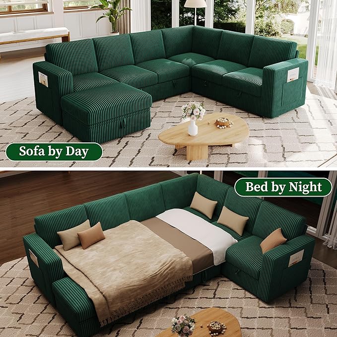 106.7" Sectional Sleeper Sofa with Pull Out Couch, Modern 7 Seat U Shaped Modular Couch, Green Sectionals Modular Sofa with Storage, Comfy Corduroy Couches Sectional for Living Room & Apartment
