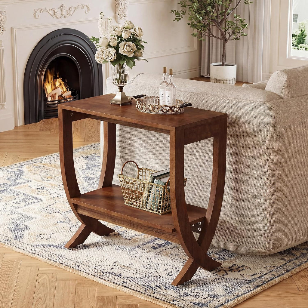Solid End Table, 2-Tier Couch Side Table with Arched Legs for Small Space, Living Room, Easy Assembly, Rustic Walnut