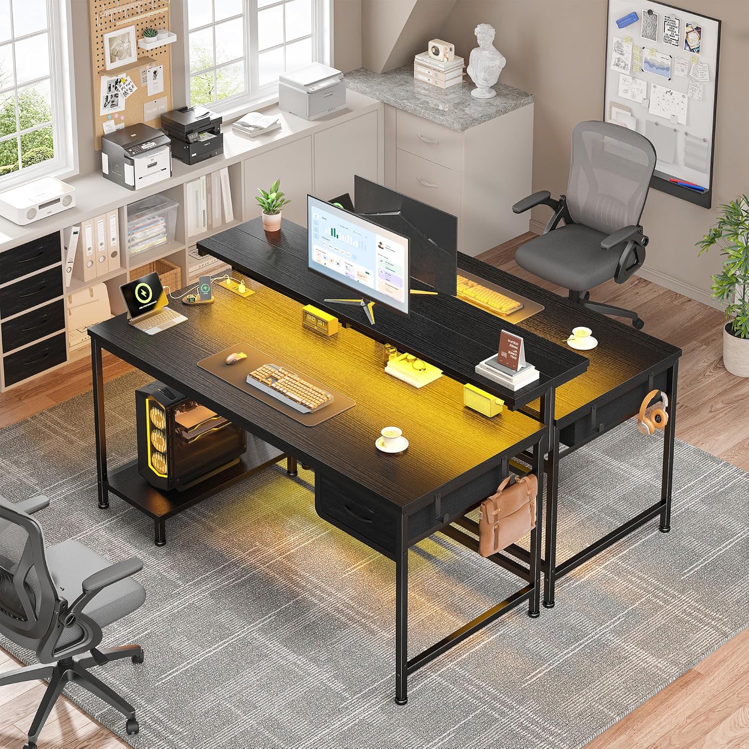 39.3" Gaming Desk with Power Outlet and LED Lights,Computer Desk with Adjutable Monitor Stand and Drawer,Office Desk with CPU Stand for Home Work,Study and Gaming, Small Spaces,Black