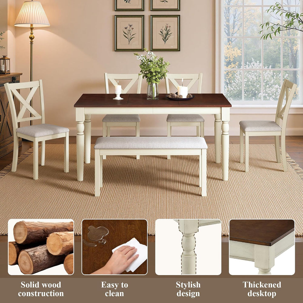 LUXOAK 6 Piece Solid Wood Dining Table Set with 60" Farmhouse Table | So...