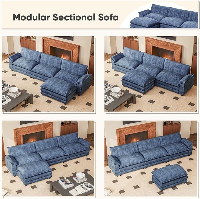 Furniwell 119" Modular Couch 3-Seat Sofa with Reversible Ottoman, Cloud Couch L Shaped Sofa with Deep Seat, Chenille Sectional Couches for Living Room