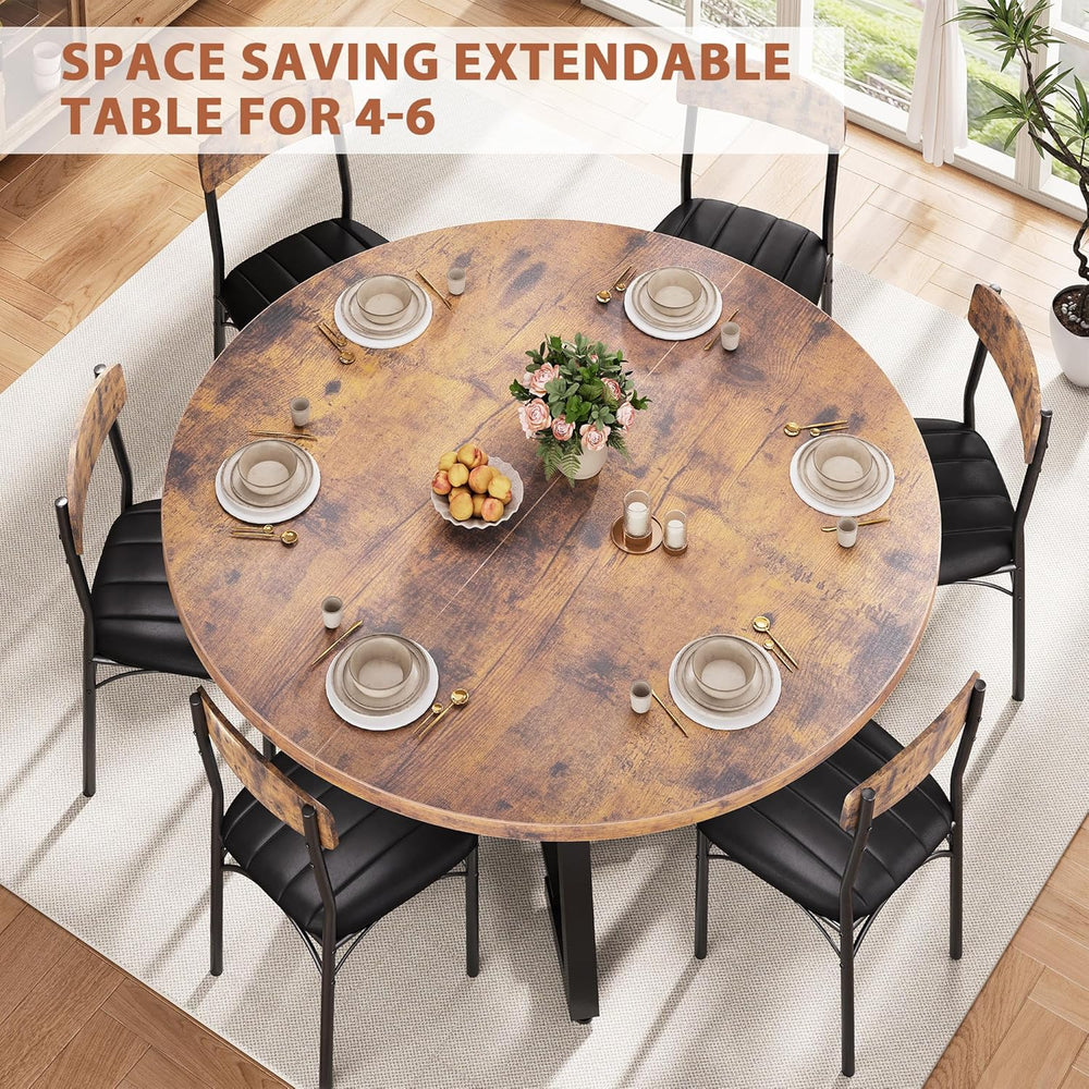 43‘’-57‘’ Extendable Round Dining Table for 4-6, Modern Industrial Kitchen Ov...