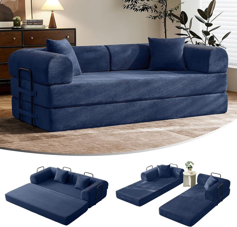 79" Convertible Futon Sofa Bed, Couch for Living Room | Blue | Folding C...
