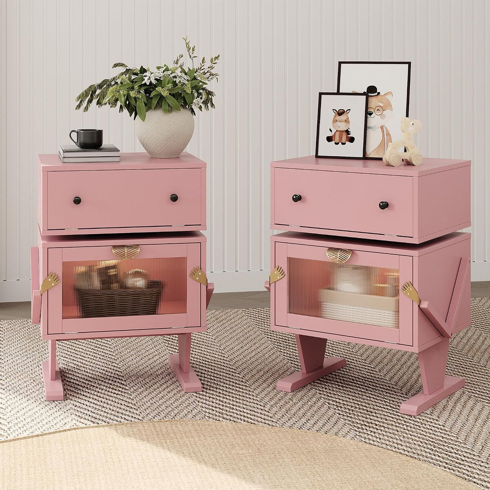 RoyalCraft Nightstand with LED Light Strips, Pink End Table for Bedroom | Mod...