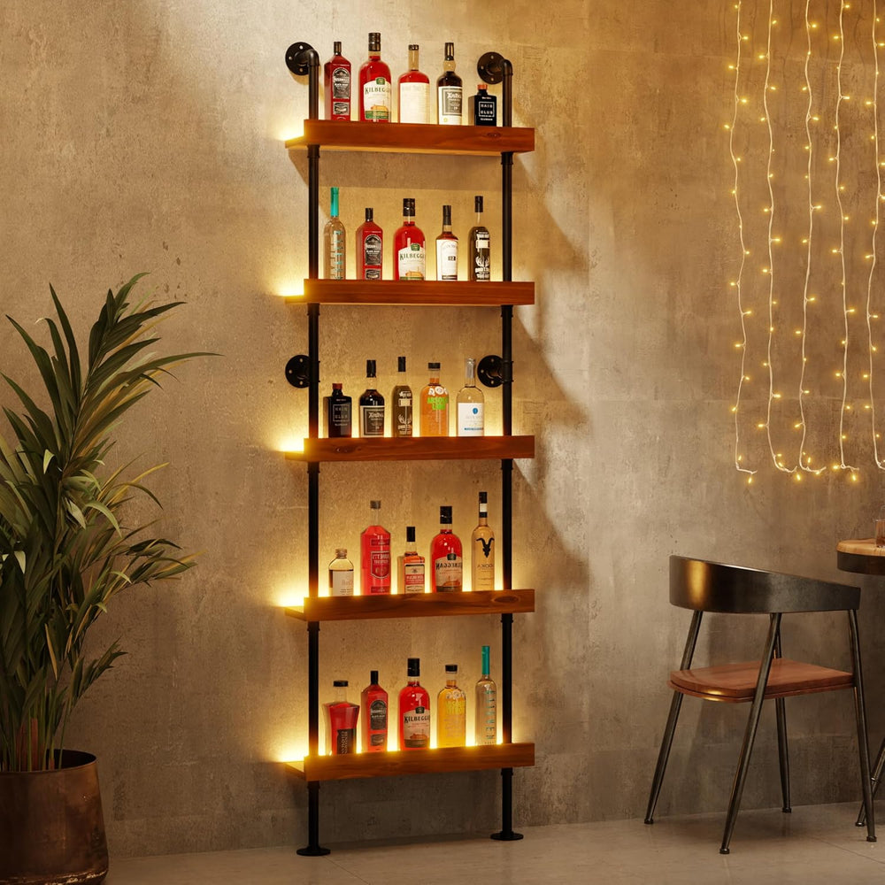 Industrial Bar Shelves, Wine Rack Wall Mounted, Walnut, 24 Inch | solid pinew...