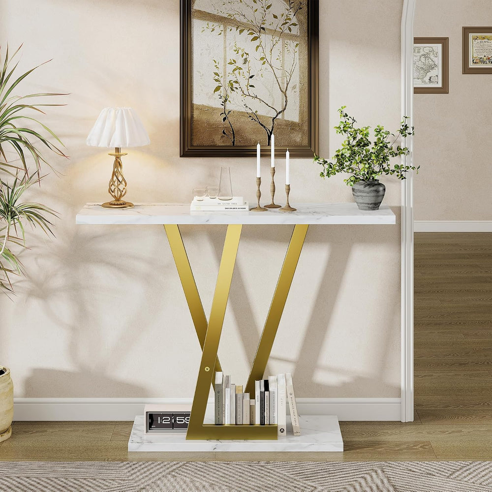 43.3" Gold Console Table, Modern Entryway Table with White Faux Marble T...