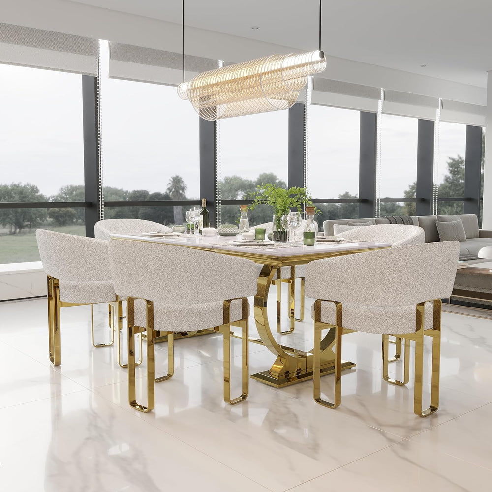 7 Piece Dining Table Set for 6, Luxurious 70" White and Gold Dining Room...