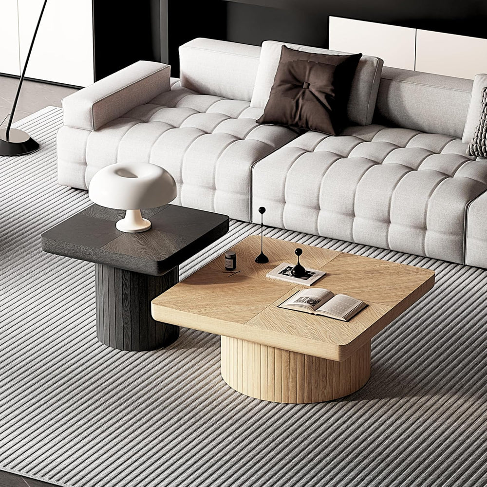 Square Parquet Nesting Coffee Tables Set of 2, Geometric Veneer Base Wood | W...