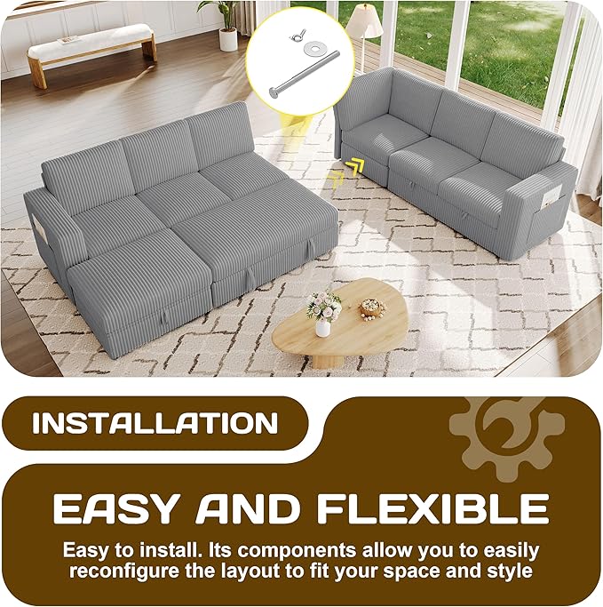 106.7" Sectional Sleeper Sofa with Pull Out Couch, Modern 7 Seat U Shaped Modular Couch, Sectionals Modular Sofa with Storage, Comfy Corduroy Couches Sectional for Living Room & Apartment, Gray