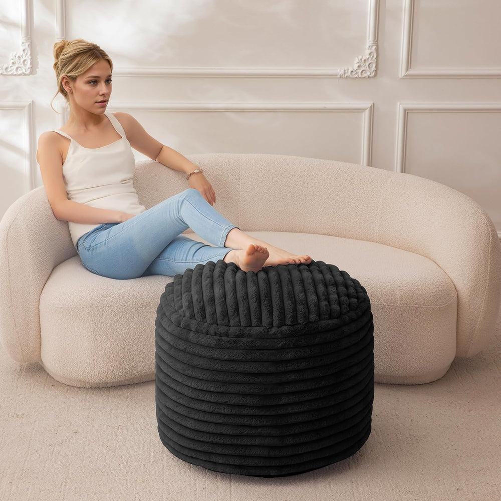 HIGOGOGO Round Stuffed Pouf Ottoman, Corduroy Poufs with High-Density Foam Fi...