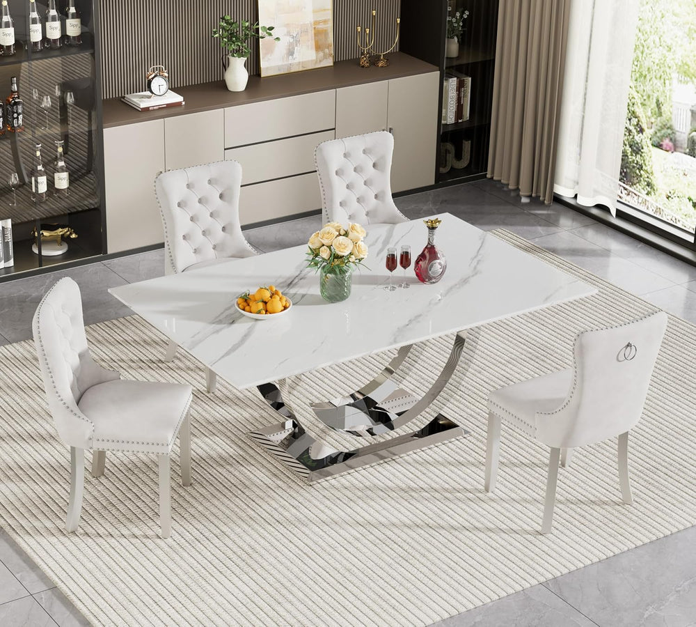 SSLine Modern White Marble Dining Table Set for 4,Luxury 69" Faux Marble...