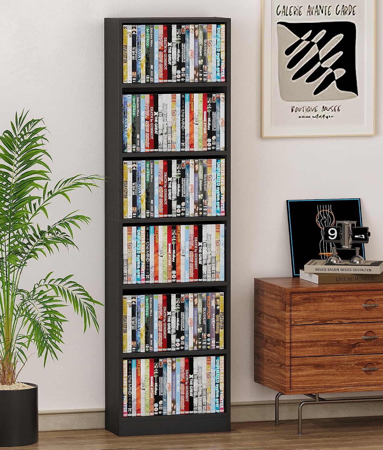 6 Tier DVD Storage Shelf, Media Shelf with Adjustable Shelves, Black | Media Organizer Shelf for DVDs, Video Games & Movies, Holds Up to 150+ DVDs
