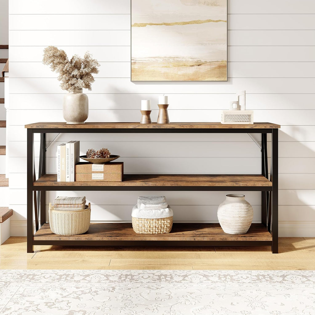 IDEALHOUSE Industrial Entryway Table, 47 in Narrow Long Console Table with Storage, 3 Tier Wood Console Table for Living Room, Farmhouse Sofa Tables Behind Couch, Hallway Table for Foyer-Brown