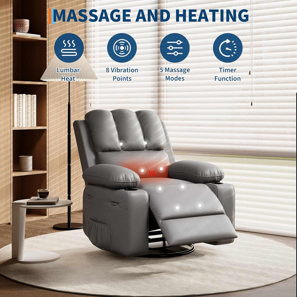 GarveeHome Leather Recliner Chair - Heat and Massage, Swivel Rocker Manual Re...