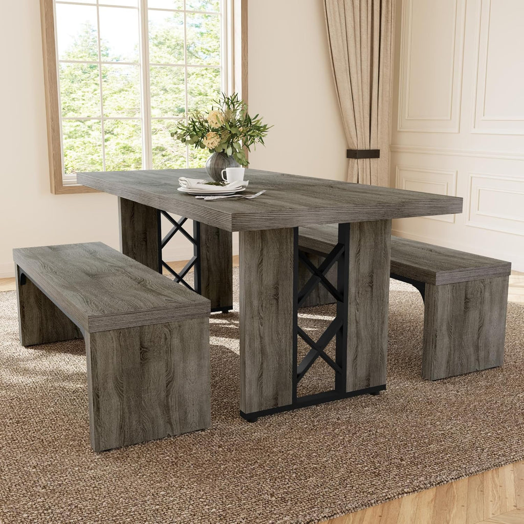 HIPIHOM 3-Piece Dining Table Set for 6 People, 70.8'' Rectangle Kitchen Table with 2 Benches for Breakfast Nook, Dining Room Furniture(Grey Table+2 Benches)