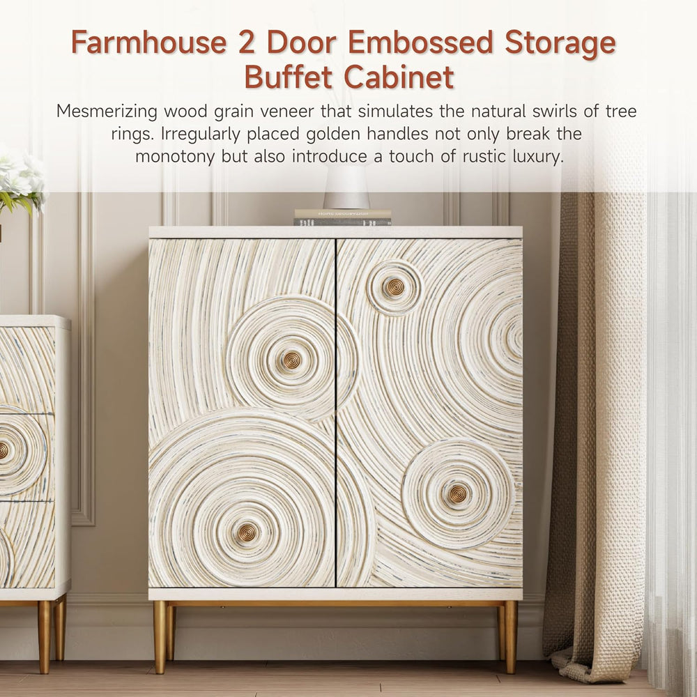 Aoikax Boho Embossed 2 Door Storage Cabinet with Ring Motif, White and Gold