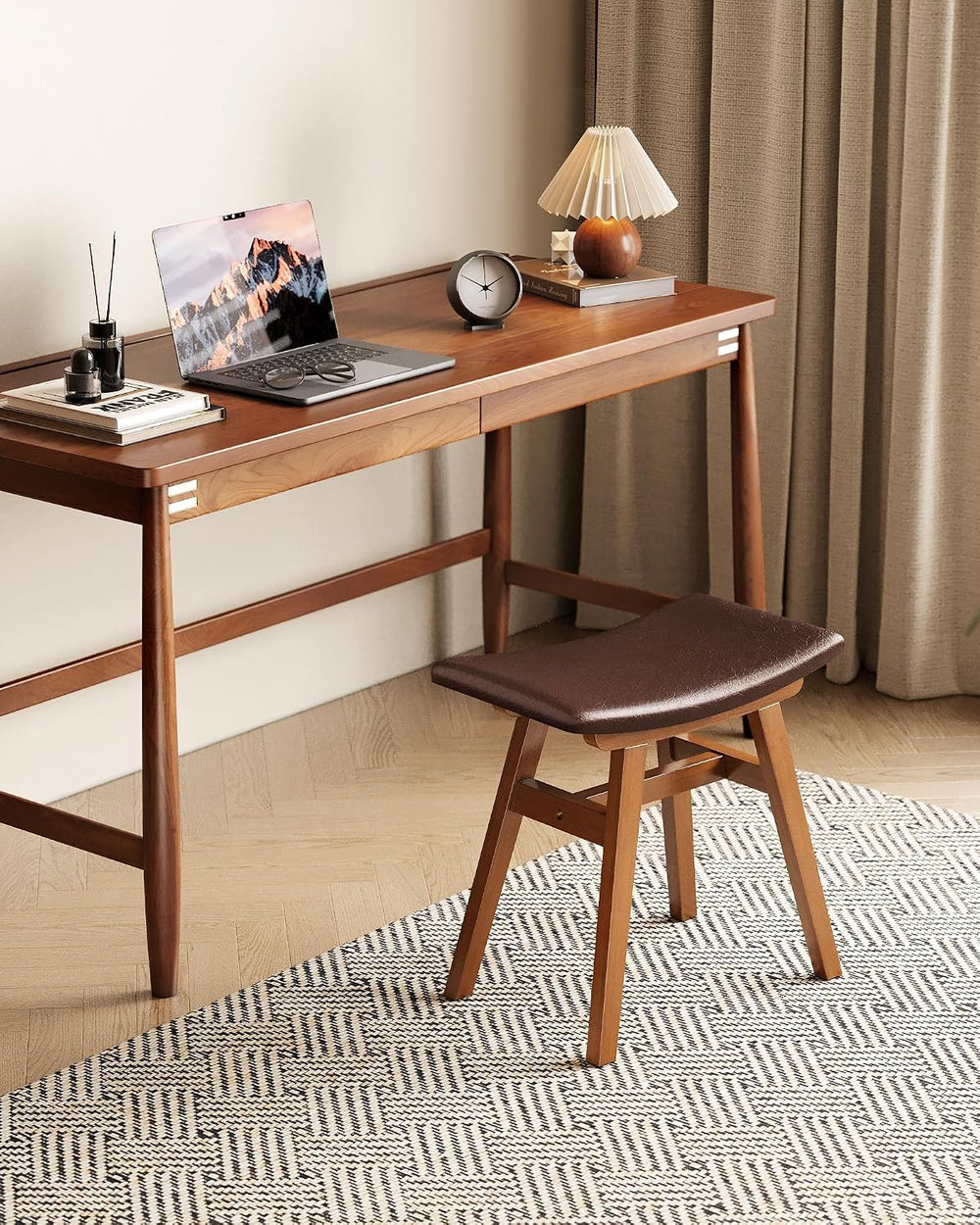 Solid Rubberwood Vanity Stool with Ergonomic Curved Seat, Vanity Bench | Upho...