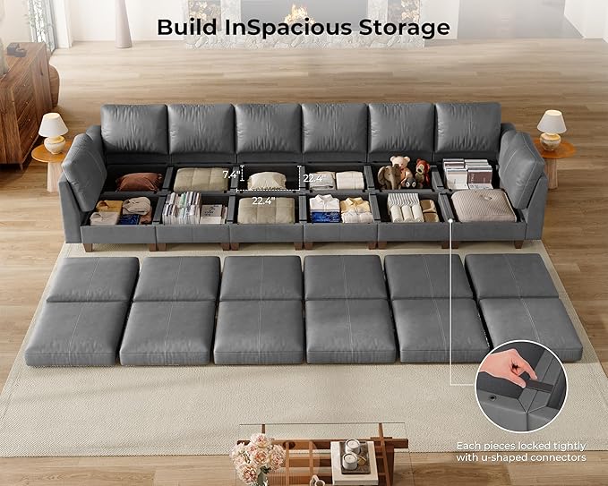 SITJOY 172" Faux Leather Modular Sectional Sofa with Storage, Mid Century Modern Sectional Couches for Living Room, Soft Padded Armrests, Oversized 12 Seat Sofa Bed with Chaise, Gray