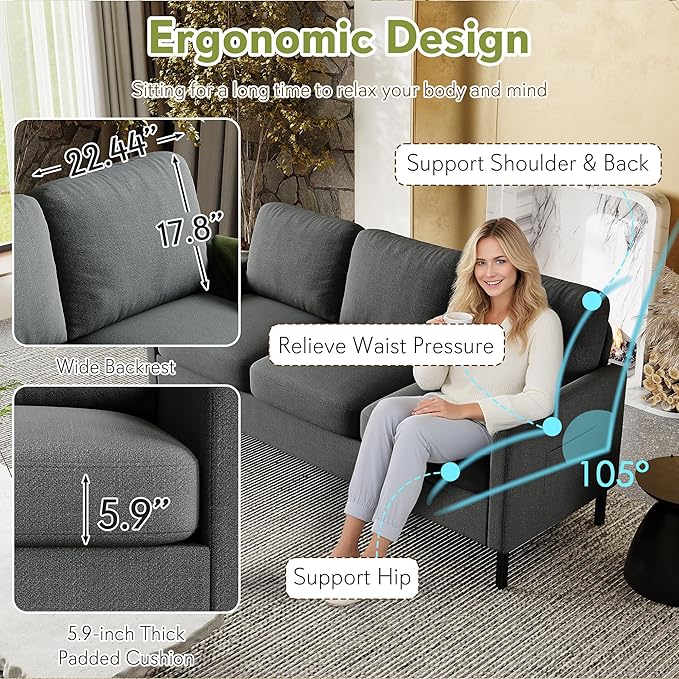 STHOUYN 72" W 3 Seater Couch with 2 USB, Comfy Grey Couch with 2 Pockets, Living Room Sofas with Reinforced Steel Frame, Cheap Sofas for Small Spaces, Dorm, Bedroom