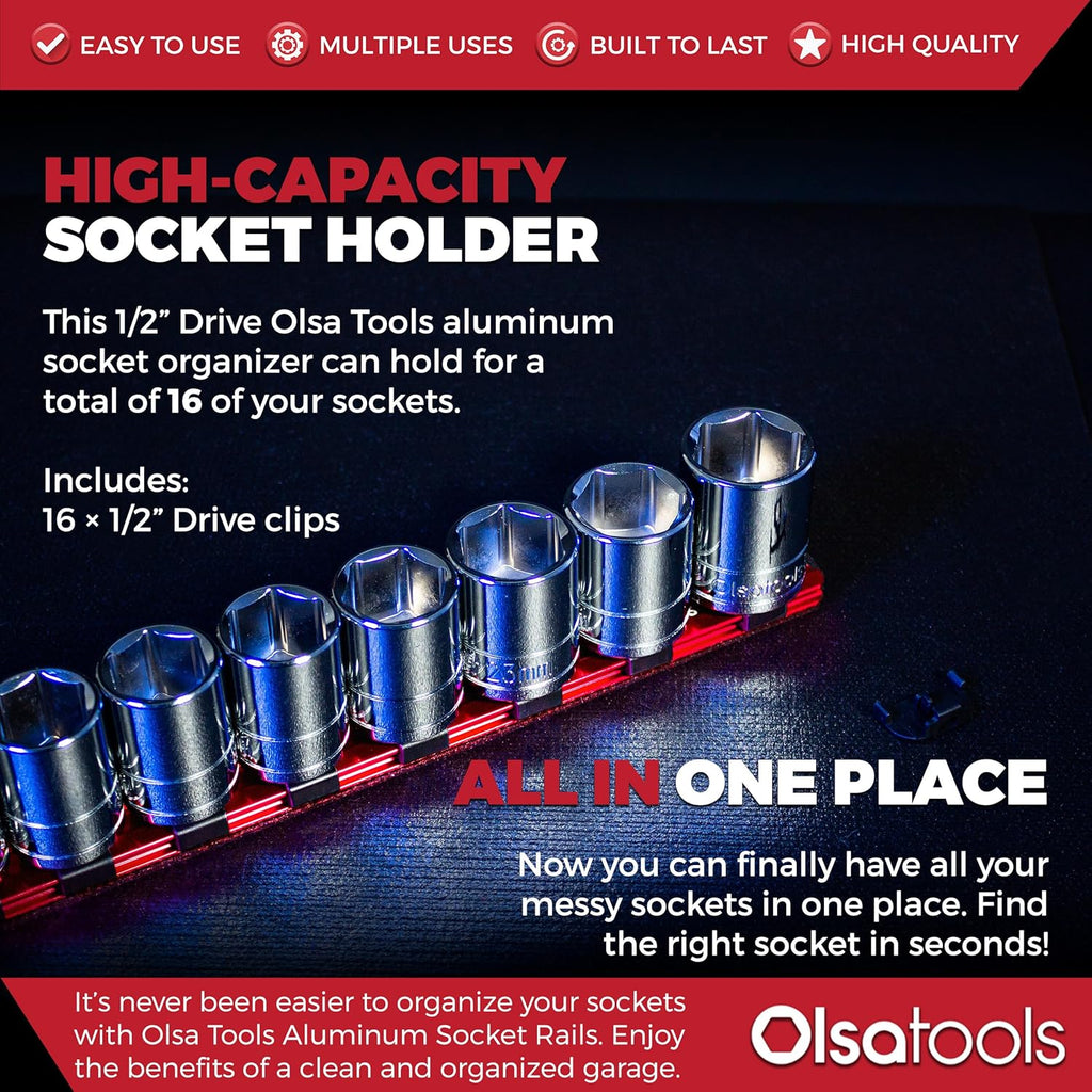 Olsa Tools 1/2-Inch Drive Aluminum Socket Organizer with Locking End Caps | Professional Quality Socket Holder (RED)