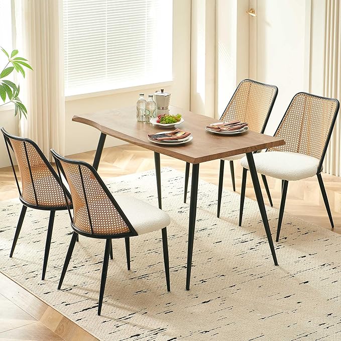 Modern Dining Room Table Set for 4, 5 Pieces Kitchen Table Set with 4 Upholsetered Boucle Dining Chairs Curved Rattan Backrest, Engineered Wood Dining Table Set for Breakfast Nook Coffee
