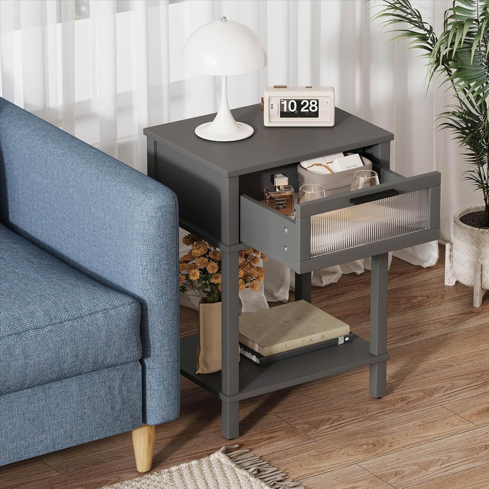 Nightstand Wooden Bedside Table with Drawer Grey Night Stands Modern Style Sm...