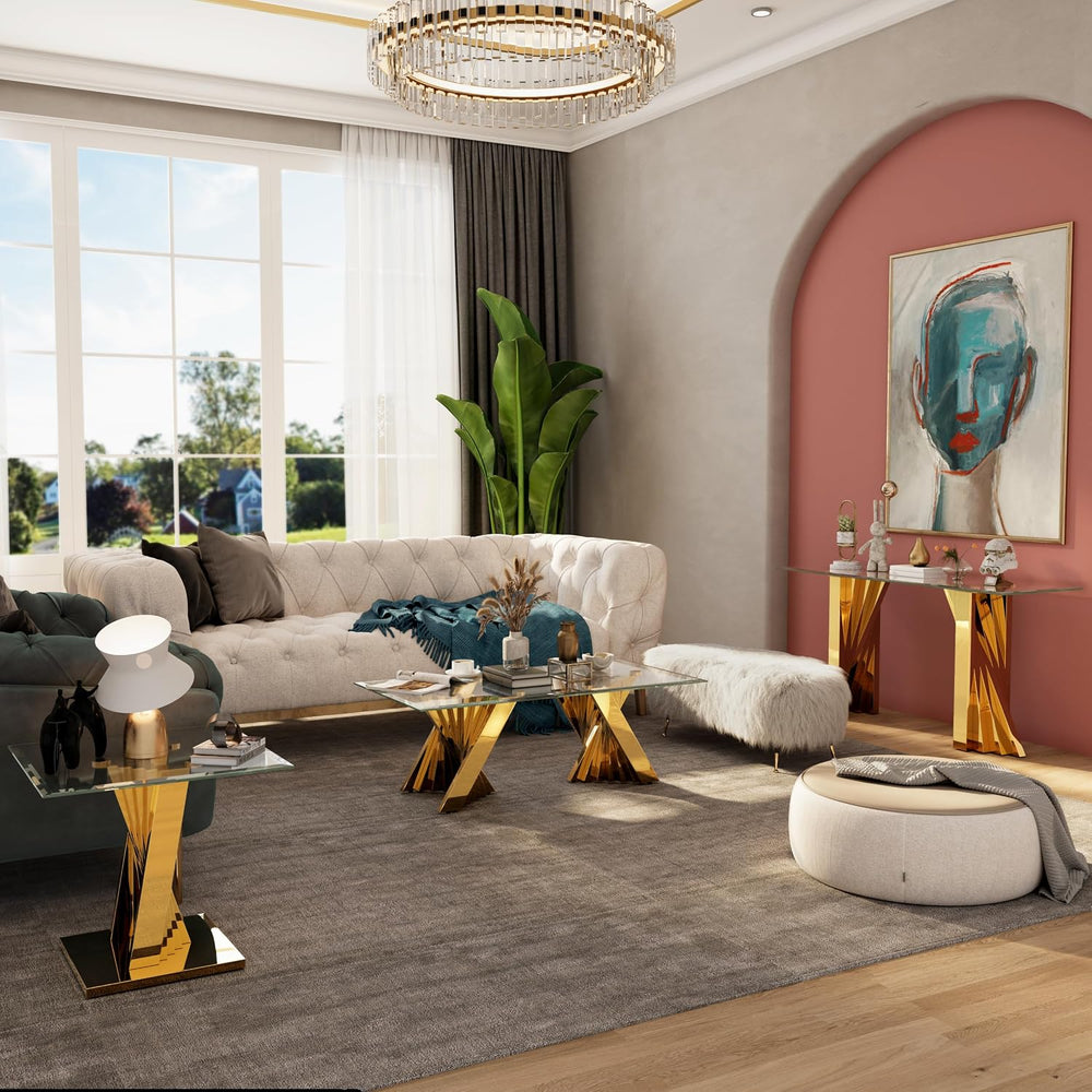 60" Gold Console Table, Entryway Table with Clear Tempered Glass | Moder...