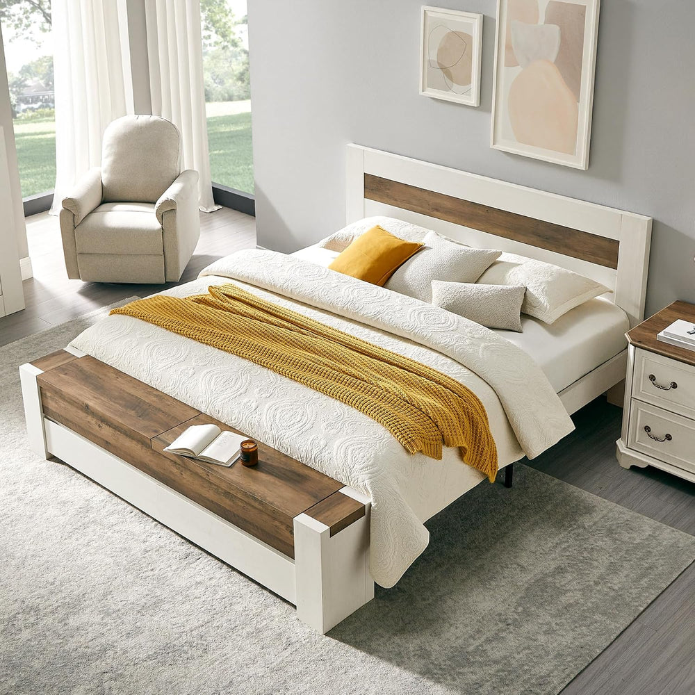 OKD King Bed Frame with Headboard and Footboard Storage Bench,Antique White
