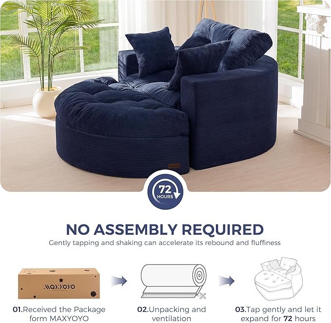 MAXYOYO Modular Sectional Chaise Lounge Sofa, Round Upholstered Lounge Chair with Ottoman, Comfy Couch with Layered Cushion, Tufted Sleeper Chair for Living Room, Navy