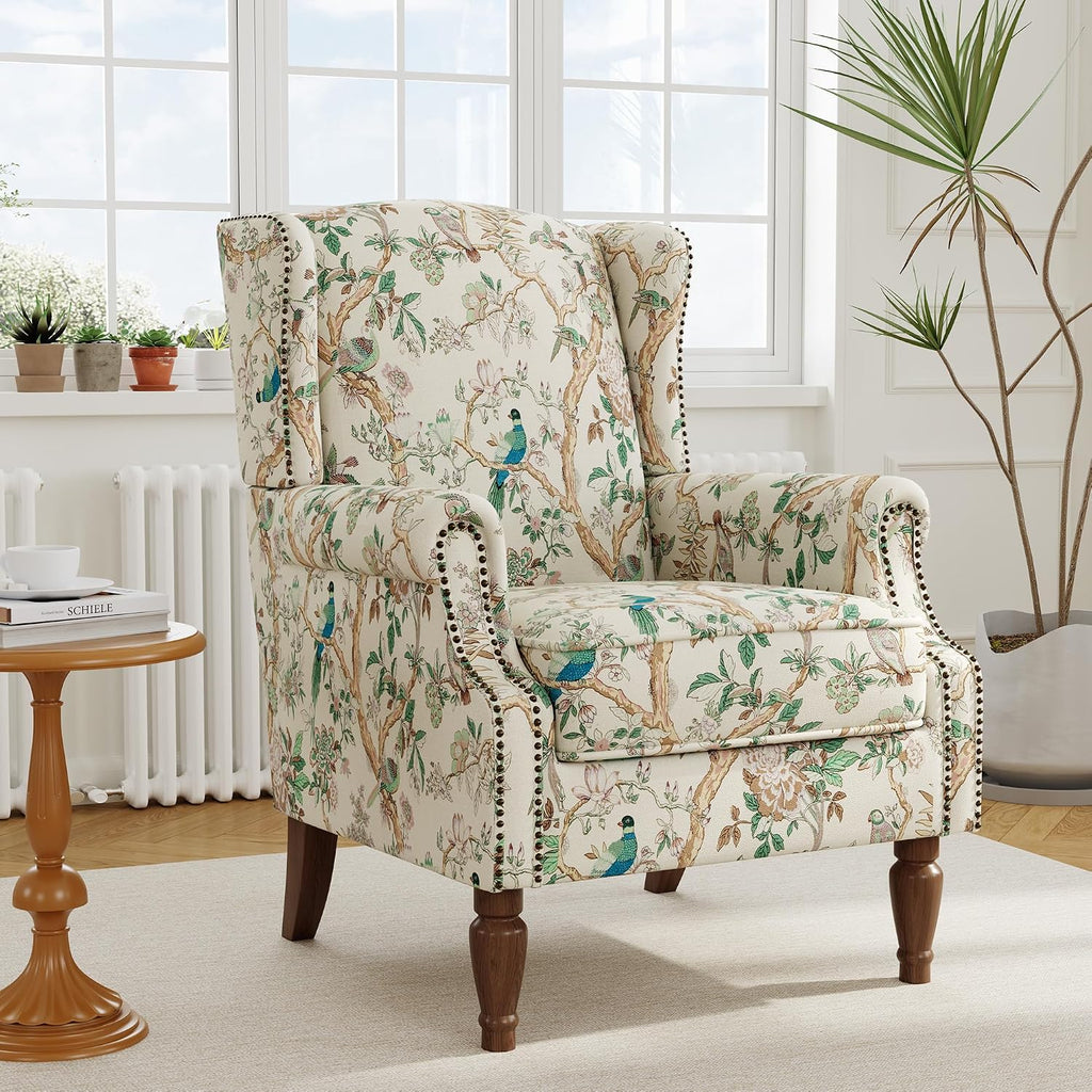 Wingback Accent Chair with Wood Legs, Bird, Set of 1 | High Back with Side Wings | Armrest Nailhead Trim | Solid Wood Frame | High-Density Foam Cushion | For Living Room & Bedroom