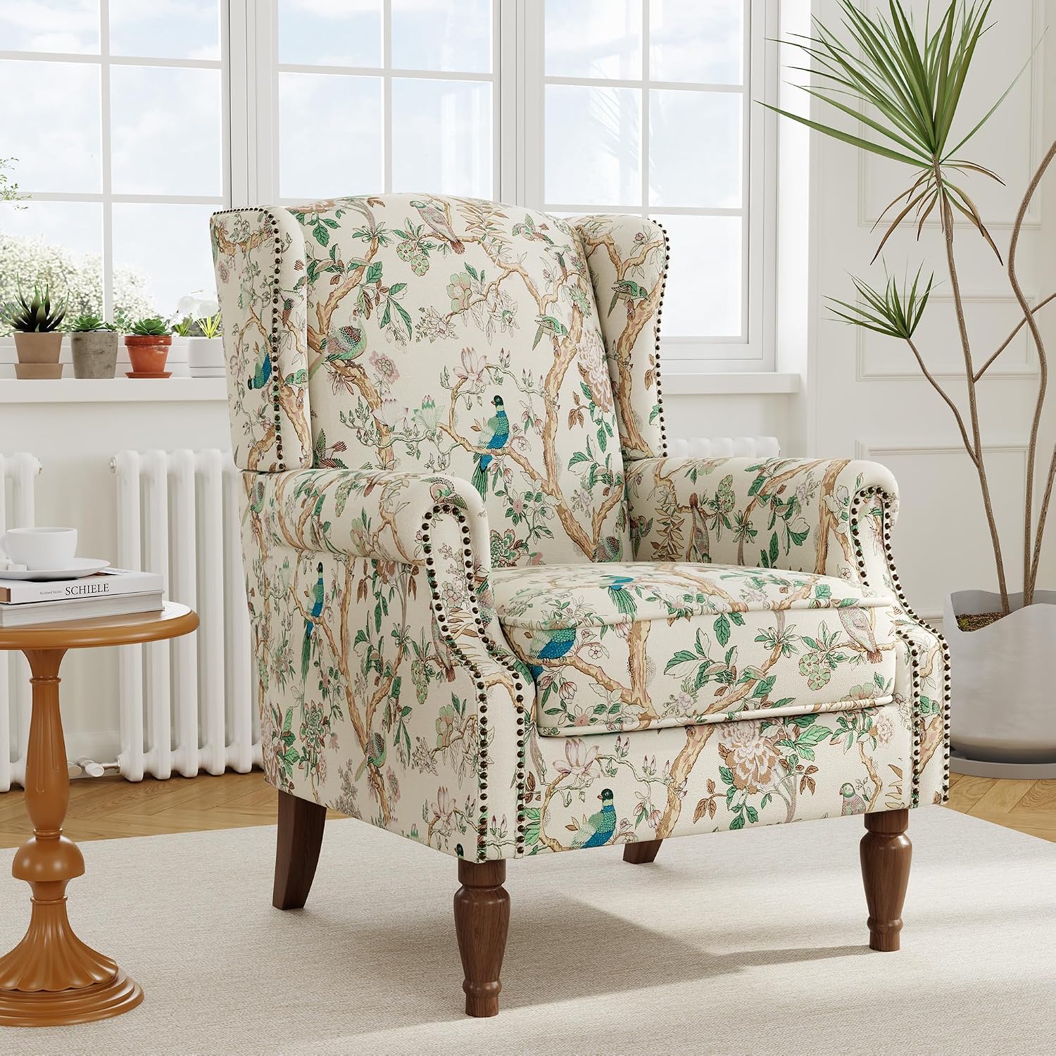Wingback Accent Chair with Wood Legs, Bird, Set of 1 | High Back with Side Wings | Armrest Nailhead Trim | Solid Wood Frame | High-Density Foam Cushion | For Living Room & Bedroom