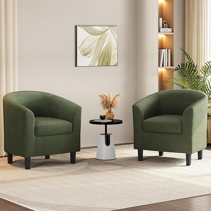 Yaheetech Corduroy Barrel Chairs Set of 2, Upholstered Club Chairs Accent Chairs, Round Armchairs Waiting Room Chairs with Soft Cushion for Living Room Bedroom Reading Room, Dark Green