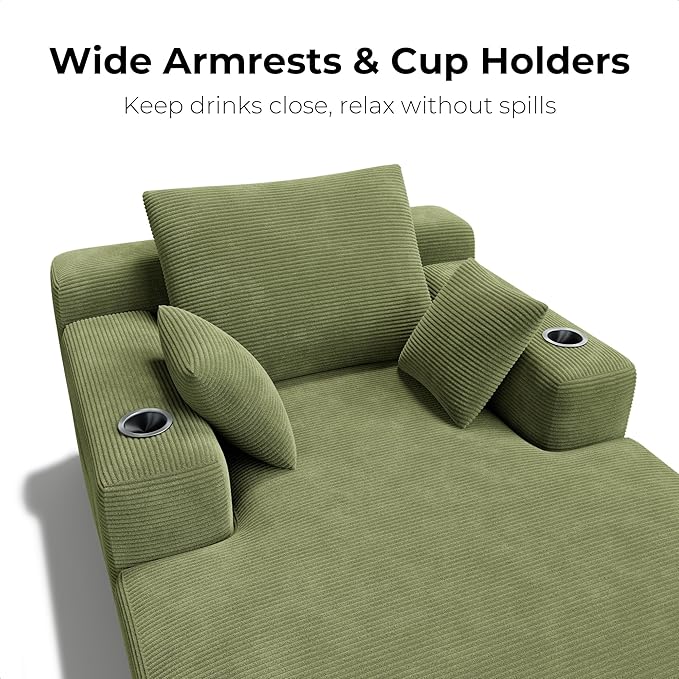 LIKIMIO 71.6" Oversized Chaise Lounge Chair Indoor with Cup Holders & Storage - Corduroy Sofa Bed for Living Room, Reading Nook, or Bedroom, No Assembly Cloud Couch (Green)