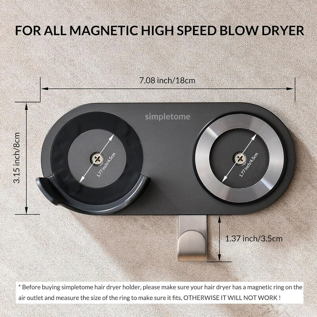 simpletome Hair Dryer Holder Wall Mount for All Magnetic High Speed Blow Dryer with Plug Cord Organizer Hook (Aluminum Alloy, White)
