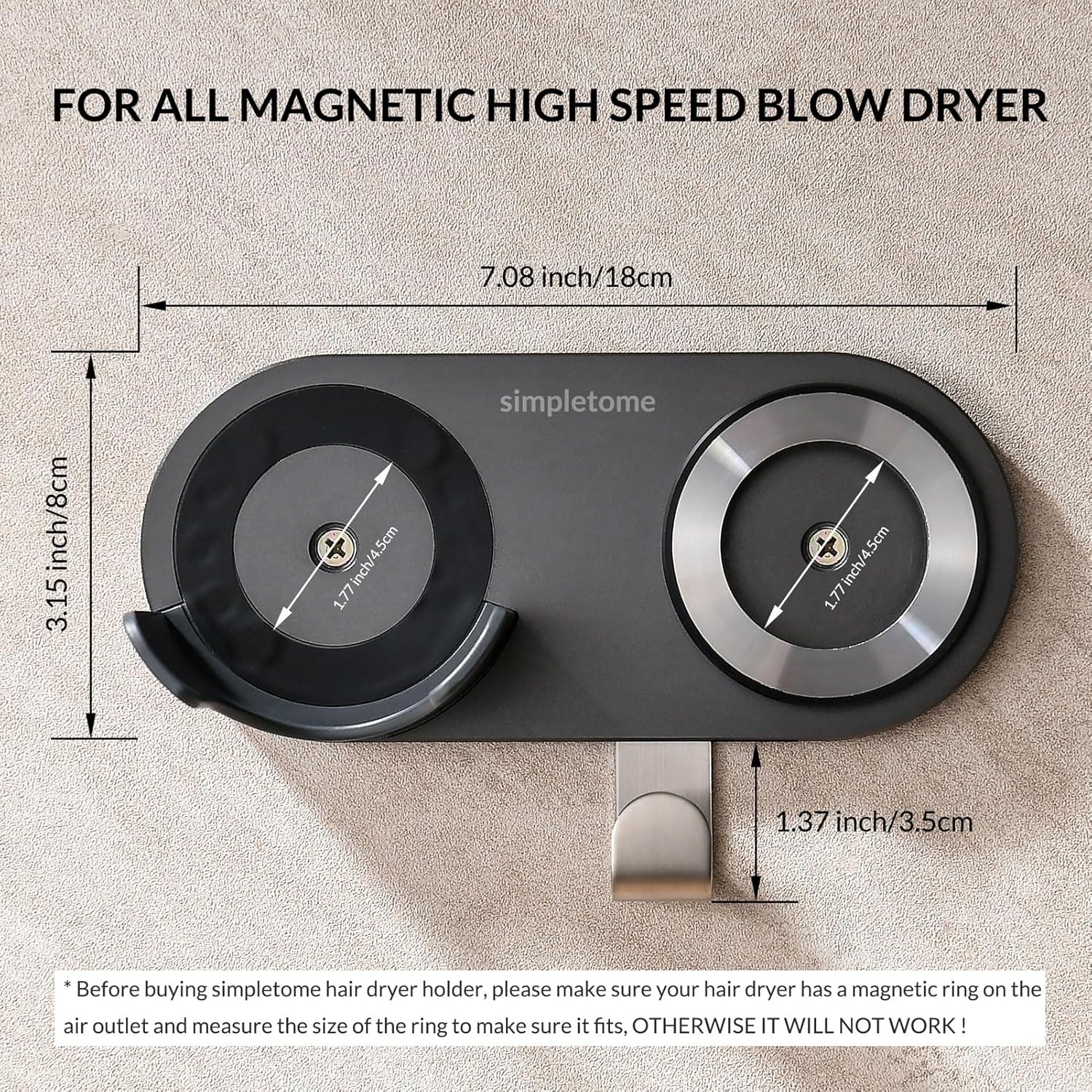simpletome Hair Dryer Holder Wall Mount for All Magnetic High Speed Blow Dryer with Plug Cord Organizer Hook (Aluminum Alloy, White)
