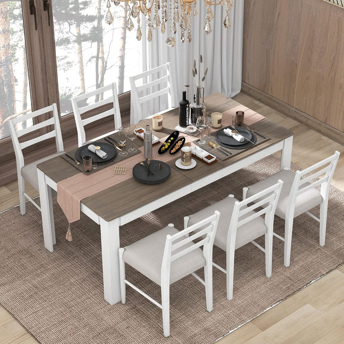 LUMISOL 7-Piece Dining Table Set with Chairs, Extendable Dining Room Table Set for 6 Persons, Solid Wood Kitchen Table Set with 2 Drawers for Storage, Brown+White