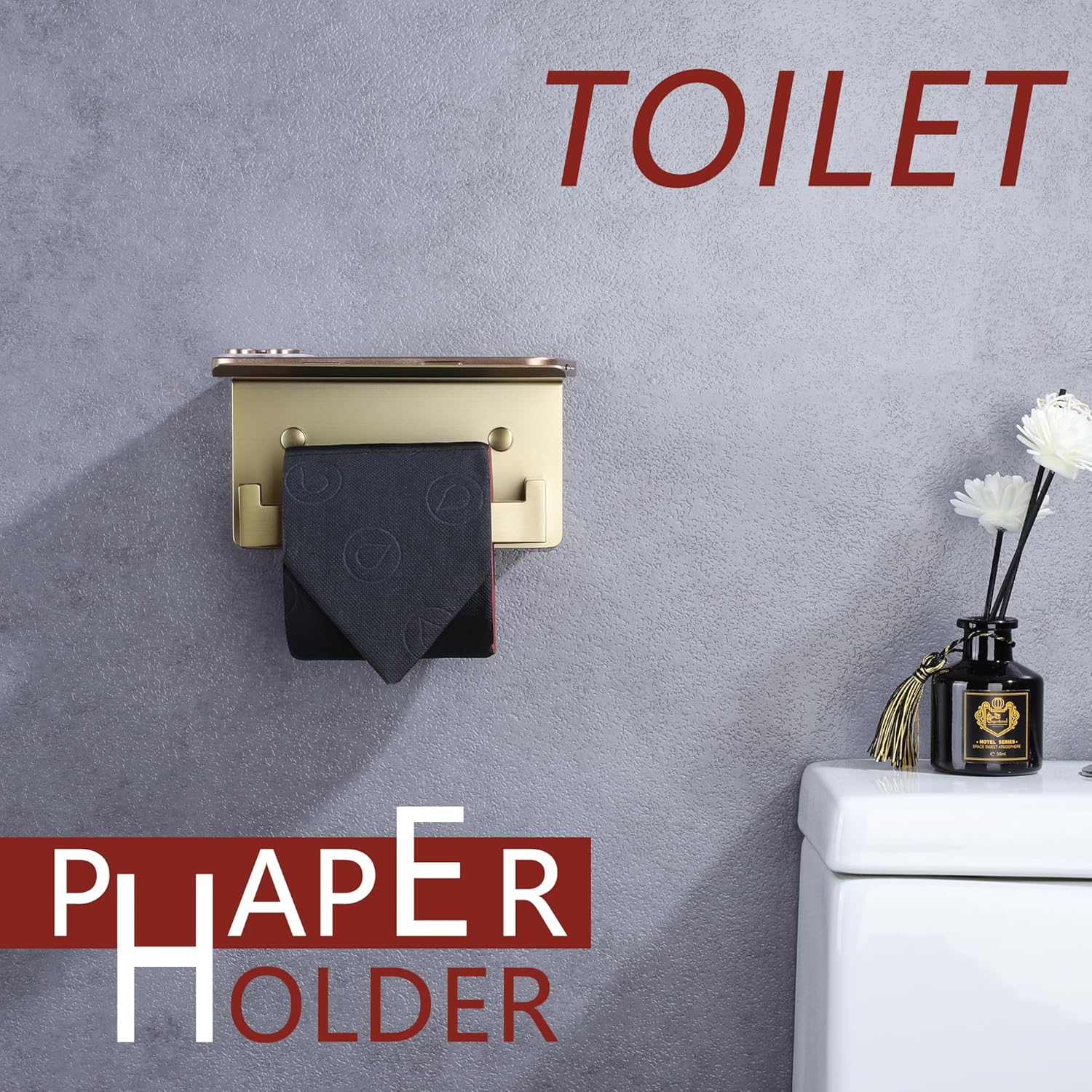 LANC Gold Toilet Paper Holder with Shelf Toilet Tissue Roll Holder with Phone Shelf for Bathroom Wall Mounted or Self-Adhesive Toilet Paper Roll Holder Stainless Steel, Left Rod, A8367BG-LF