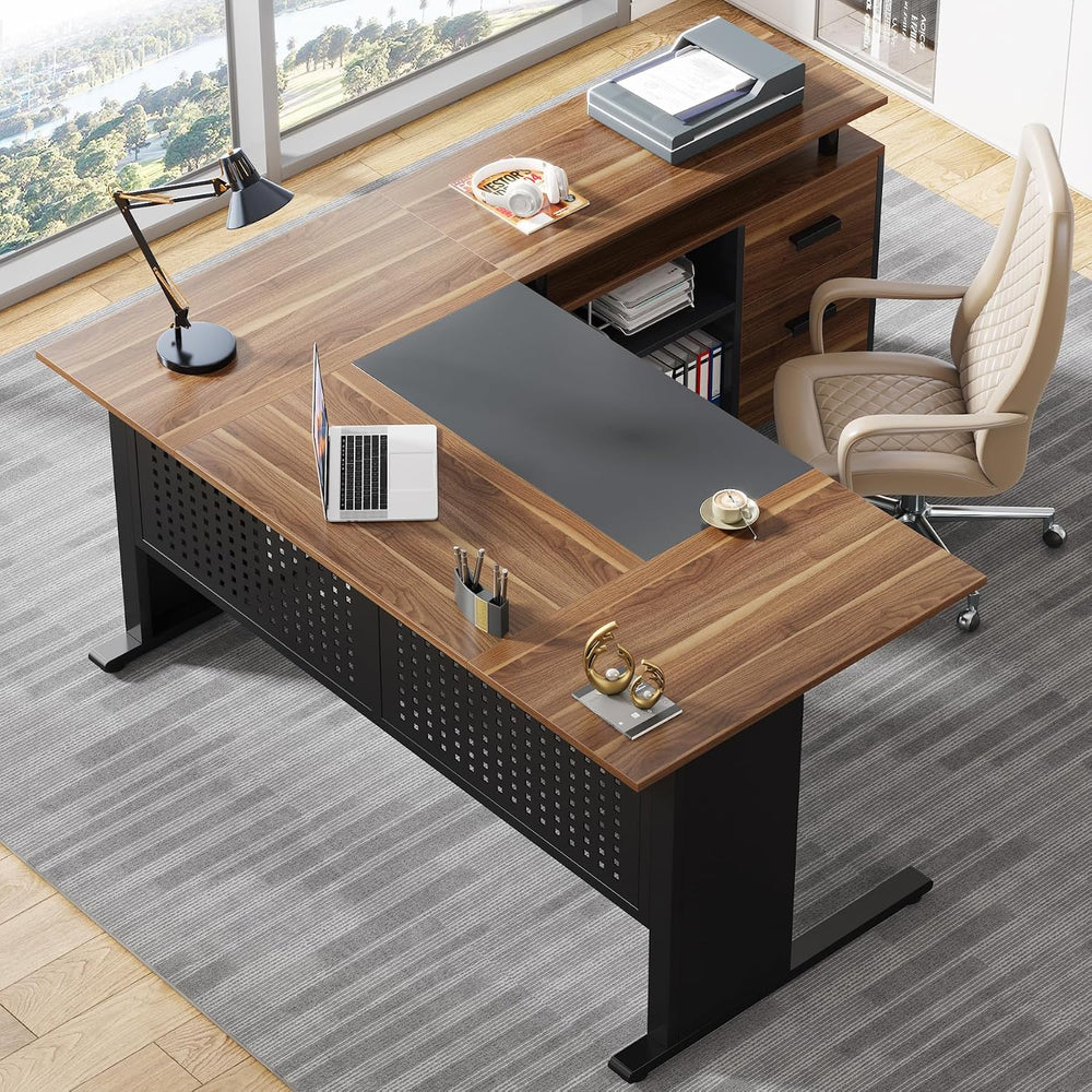 Tribesigns 63 Inch Executive Desk with Filing Cabinet, L Shaped Office Desk |...