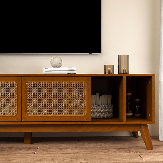 Ball & Cast 68" Mid Century Modern TV Stand for TVs up to 75", Media Console with Rattan Sliding Doors, Open Shelves & Solid Wood Legs, Entertainment Center for Living Room,Bedroom,Light Walnut