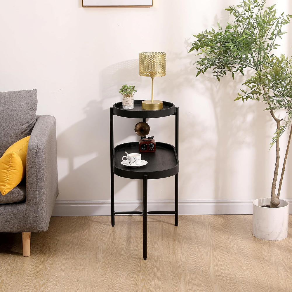 2-Tier Side Table with Storage, Black End Table Sofa Table for Living Room &a...