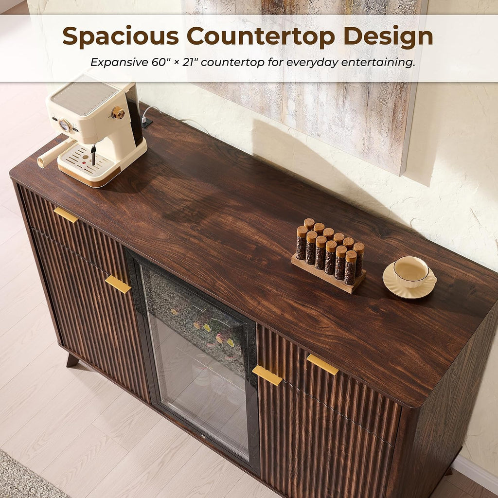 OKD 60" Fluted Coffee Bar Cabinet with Mini Fridge Space, Dark Walnut | Mini Fridge Compatible, Built In Charging Station, 3 Stemware Racks, 2 Drawers, 2 Cabinets, Home Bar Cabinet Storage