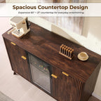 OKD 60" Fluted Coffee Bar Cabinet with Mini Fridge Space, Dark Walnut | Mini Fridge Compatible, Built In Charging Station, 3 Stemware Racks, 2 Drawers, 2 Cabinets, Home Bar Cabinet Storage