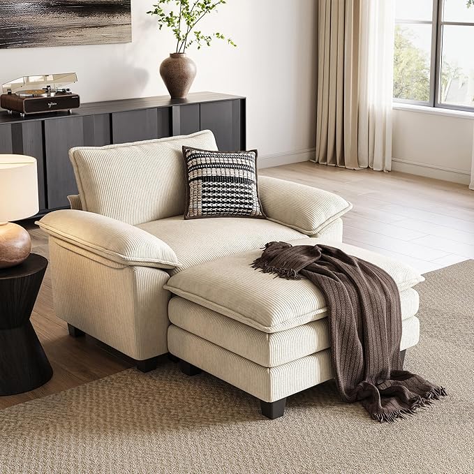 LINSY HOME Cloud Sofa Accent Chair with Ottoman Chaise Lounge Chair Indoor, Corduroy Couch Sofa Chair for Living Room Apartment Bedroom Office, Beige