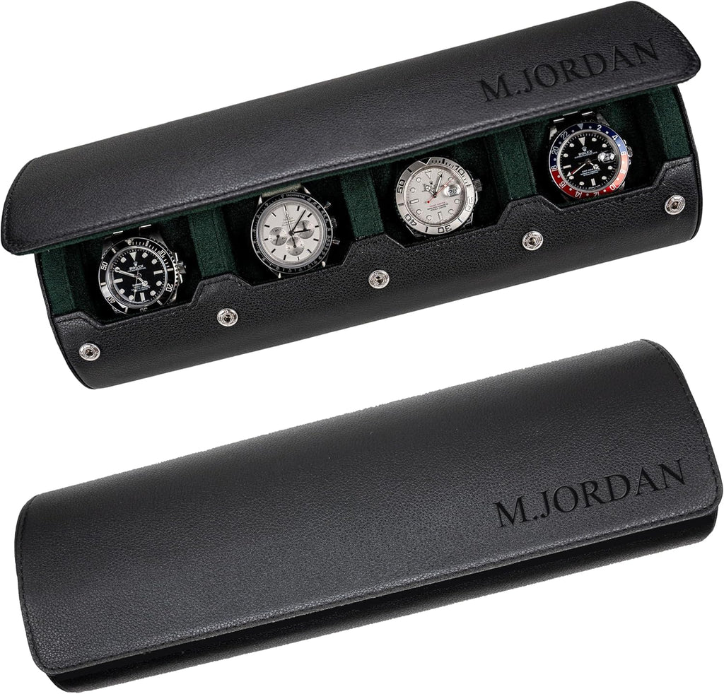 DailyWatch | Personalized Watch Roll Travel Case For 4 Watches - Handmade Genuine Leather Travel Case With Custom Engraving of Name or Initials - Black Green