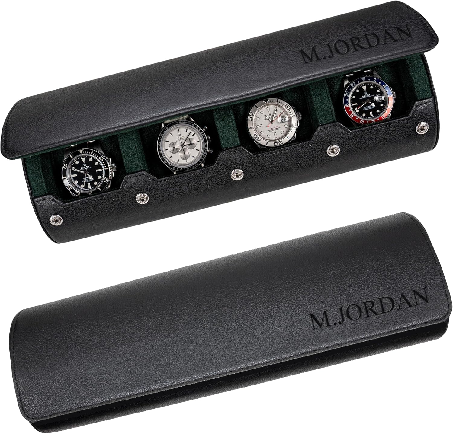 DailyWatch | Personalized Watch Roll Travel Case For 4 Watches - Handmade Genuine Leather Travel Case With Custom Engraving of Name or Initials - Black Green