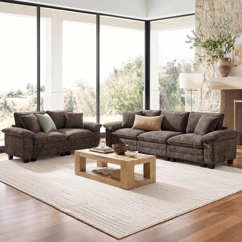SUNSHINE VALLEY 2-Piece Sofa Set, Loveseat & 3-Seat Couch, Chenille Brown...